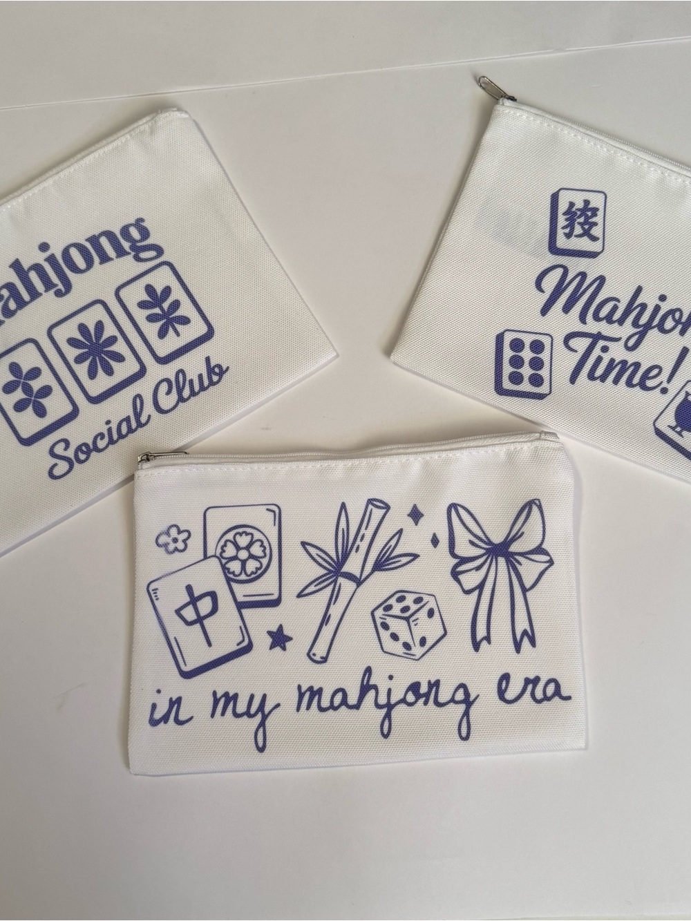 Three (3)White Mahjong Print Pouches 9 in x 6 in
